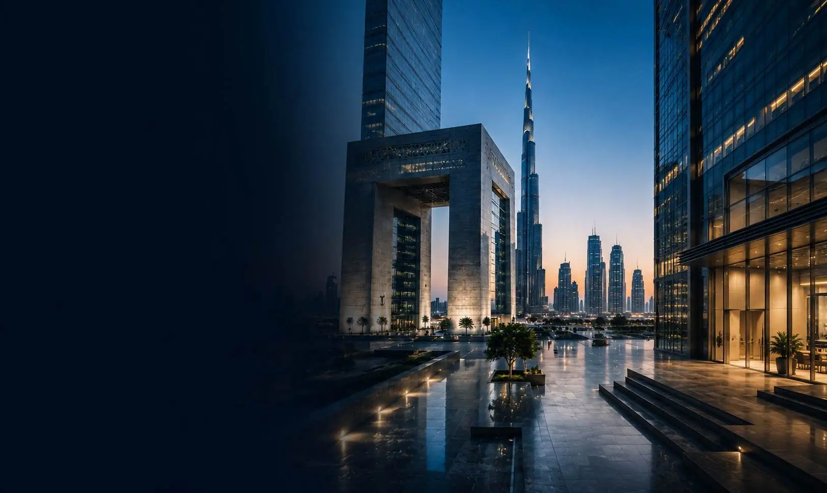 Dubai Free Zone business setup consultancy office with Dubai skyline background